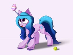 Size: 2138x1620 | Tagged: safe, artist:3naa, izzy moonbow, pony, unicorn, g5, balancing, ball, bracelet, easter egg, female, friendship bracelet, horn, izzy impaling things, izzy's tennis ball, jewelry, mare, open mouth, open smile, smiling, solo, sports, tennis, tennis ball, unshorn fetlocks