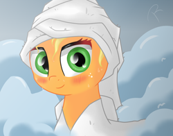 Size: 1380x1080 | Tagged: safe, artist:reinbou, applejack, earth pony, pony, g4, bathrobe, clothes, cute, female, jackabetes, looking at you, mare, robe, sauna, solo, spa, towel on head