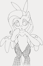 Size: 700x1073 | Tagged: safe, artist:dotkwa, fluttershy, pegasus, pony, g4, bipedal, bunny suit, bunnyshy, clothes, cute, easter, female, fishnet stockings, flutterbunny, gray background, grayscale, holiday, looking at you, mare, monochrome, shyabetes, simple background, solo, spread wings, stupid sexy fluttershy, wings