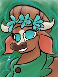 Size: 768x1024 | Tagged: safe, artist:toxiccoswynaut, madison (tfh), cow, them's fightin' herds, community related, female, floral head wreath, flower, looking at you, no pupils, smiling, smiling at you, solo