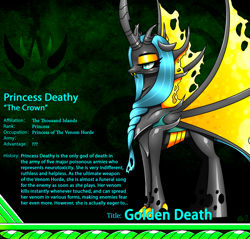 Size: 2340x2234 | Tagged: safe, artist:questionmarkdragon, oc, oc only, changeling, changeling queen, changeling queen oc, high res, lidded eyes, makeup, parent:queen chrysalis, smiling, solo, story included, yellow changeling