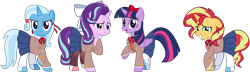 Size: 7977x2287 | Tagged: safe, artist:sketchmcreations, starlight glimmer, sunset shimmer, trixie, twilight sparkle, alicorn, pony, unicorn, g4, bow, bowtie, clothes, doki doki literature club!, female, floppy ears, frown, group, hair bow, hair tie, hairclip, hoof on chest, looking at you, mare, monika, natsuki, quartet, raised leg, sayori, school uniform, simple background, skirt, smiling, transparent background, tsundere, tsunderixie, twilight sparkle (alicorn), vector, yuri (ddlc)