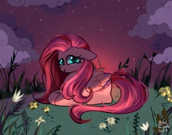 Size: 1368x1074 | Tagged: safe, artist:petaltwinkle, fluttershy, pegasus, pony, g4, cute, female, floppy ears, looking at you, lying down, mare, ponyloaf, prone, shyabetes, signature, smiling, smiling at you, solo, sunset, twilight (astronomy)