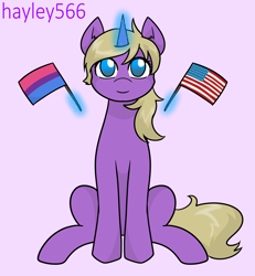 Size: 2448x2655 | Tagged: safe, artist:hayley566, oc, oc only, oc:hay meadow, pony, unicorn, american flag, bisexual pride flag, cute, female, glowing, glowing horn, high res, horn, magic, mare, pride, pride flag, purple background, simple background, sitting, solo