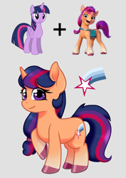 Size: 2893x4092 | Tagged: safe, artist:horsesrnaked, sunny starscout, twilight sparkle, oc, oc:midday sun, alicorn, earth pony, pony, unicorn, g4, g5, cutie mark, full body, fusion, fusion:sunny starscout, fusion:twilight sparkle, hooves, long hair, long mane, long tail, looking at you, ponytail, raised hoof, satchel, smiling, standing, sunny and her heroine, tail