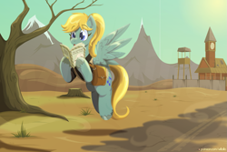 Size: 2175x1450 | Tagged: safe, artist:willoillo, oc, oc only, oc:sunny hymn, pegasus, pony, fallout equestria, fallout equestria: red 36, bag, commission, desert, fallout, fanfic art, flying, open mouth, pegasus oc, reading, scenery, solo, spread wings, wasteland survival guide, wings