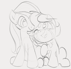 Size: 755x731 | Tagged: safe, artist:dotkwa, fluttershy, oc, oc:deary dots, earth pony, pegasus, pony, g4, canon x oc, duo, female, gray background, grayscale, lesbian, mare, monochrome, nuzzling, one eye closed, open mouth, open smile, shipping, simple background, smiling