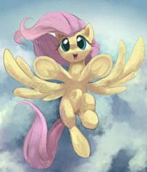 Size: 1106x1297 | Tagged: safe, artist:dotkwa, fluttershy, pegasus, pony, g4, cute, female, fluttershy day, frog (hoof), looking at you, mare, open mouth, open smile, overhead view, shyabetes, smiling, smiling at you, solo, spread wings, underhoof, windswept mane, wings