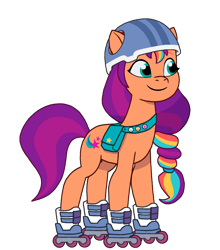 Size: 1398x1586 | Tagged: safe, artist:caseyben887, sunny starscout, earth pony, pony, g5, my little pony: tell your tale, spoiler:g5, bag, female, helmet, mane stripe sunny, mare, roller skates, saddle bag, simple background, skates, slender, smiling, solo, thin, transparent background