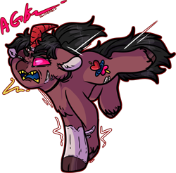 Size: 1659x1632 | Tagged: safe, artist:sexygoatgod, oc, oc only, oc:brodey bailey, cusige, hybrid, original species, burn marks, cloven hooves, herm, intersex, open mouth, ponytail, scar, simple background, solo, transparent background, tripping, yelling