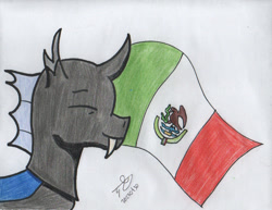 Size: 1150x890 | Tagged: safe, artist:alejandrogmj, artist:wasisi, oc, oc:wasisi, changeling, changeling oc, fangs, flag, mexican flag, simple background, traditional art, white background