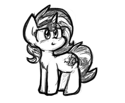Size: 1046x865 | Tagged: safe, artist:zutcha, sunset shimmer, pony, unicorn, g4, black and white, female, grayscale, mare, monochrome, simple background, sketch, smiling, solo, white background