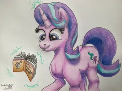 Size: 3556x2653 | Tagged: safe, artist:darkyboode32, starlight glimmer, pony, unicorn, g4, book, drawing, female, high res, levitation, magic, mare, paper, reading, simple background, solo, spellbook, telekinesis, traditional art, white background