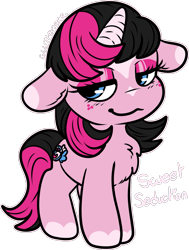 Size: 1131x1500 | Tagged: safe, artist:sexygoatgod, oc, oc only, oc:sweet seduction, pony, unicorn, chest fluff, chibi, female, mare, simple background, solo, transparent background