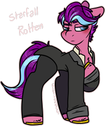 Size: 1306x1565 | Tagged: safe, artist:sexygoatgod, oc, oc only, oc:starfall rotten, earth pony, pony, blushing, clothes, horseshoes, male, simple background, solo, stallion, suit, transparent background