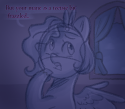 Size: 772x673 | Tagged: safe, anonymous artist, pipp petals, pegasus, pony, series:misty pov, g5, curtains, diadem, dialogue, eyebrows, eyebrows visible through hair, female, hoof on chin, implied misty brightdawn, mare, offscreen character, pondering, solo, spread wings, unshorn fetlocks, window, wings