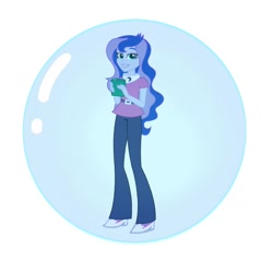 Size: 720x688 | Tagged: safe, edit, princess luna, vice principal luna, human, equestria girls, g4, belt, binder, bubble, clothes, eyeshadow, female, in bubble, looking at you, makeup, pants, shirt, shoes, simple background, smiling, solo, vector, white background