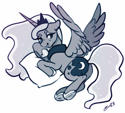 Size: 2940x2650 | Tagged: safe, artist:opalacorn, princess luna, alicorn, pony, g4, butt, high res, hoof on chin, lidded eyes, looking at you, looking back, looking back at you, lying down, monochrome, moonbutt, pillow, plot, simple background, solo, spread wings, white background, wings