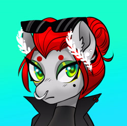 Size: 2973x2951 | Tagged: safe, artist:opalacorn, oc, oc only, oc:void, pegasus, pony, beanbrows, clothes, ear piercing, earring, eyebrows, eyeshadow, female, gradient background, high res, jacket, jewelry, laurel wreath, makeup, mare, mole, nose piercing, nose ring, piercing, solo, sunglasses, sunglasses on head
