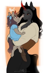 Size: 740x1200 | Tagged: safe, artist:evehly, king sombra, oc, oc:obelisk, unicorn, anthro, unguligrade anthro, g4, boop, breasts, carrying, cleavage, clothes, curved horn, cute, digital art, dress, duo, female, filly, foal, horn, mare, mother and child, mother and daughter, noseboop, ocbetes, offspring, parent:butterscotch, parent:fluttershy, parent:king sombra, parent:queen umbra, parents:sombrashy, parents:umbrascotch, queen umbra, rule 63, smiling, unicorn oc, weapons-grade cute