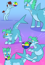 Size: 2100x3000 | Tagged: safe, artist:swiftsketchpone, part of a set, oc, oc:jezu, oc:swift sketch, monster pony, original species, pony, shark, shark pony, tatzlpony, beach ball, bipedal, comic, fangs, gills, gradient background, high res, object vore, tentacle tongue, tentacles