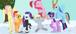 Size: 3509x1593 | Tagged: safe, artist:seshirubonsebon, applejack, derpy hooves, fluttershy, pinkie pie, rainbow dash, rarity, twilight sparkle, earth pony, pegasus, pony, unicorn, g4, antlers, clothes, food, hat, mane six, muffin, red nose, rudolph dash, scarf, smiling, snow, socks, striped scarf, striped socks, sweater, unicorn twilight, winter hat