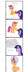 Size: 2812x7000 | Tagged: safe, artist:seshirubonsebon, scootaloo, scootaloo (g3), twilight sparkle, pony, unicorn, g3, g3.5, g4, newborn cuties, comic, duo, hat, japanese, magic, simple background, transformation, translation request, unicorn twilight, what has magic done, white background