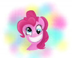 Size: 1447x1173 | Tagged: safe, artist:seshirubonsebon, pinkie pie, earth pony, pony, g4, abstract background, big grin, bust, derp, grin, smiling, solo