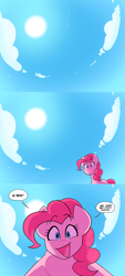 Size: 1536x3396 | Tagged: safe, artist:averysweatyboy, part of a set, pinkie pie, bird, earth pony, pony, g4, cloud, comic, dialogue, explicit source, female, high res, looking at you, low angle, mare, open mouth, open smile, signature, sky, smiling, solo, speech bubble, sun, talking to viewer