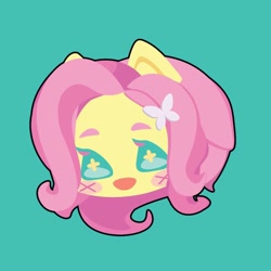 Size: 1000x1000 | Tagged: safe, artist:ushigow, part of a set, fluttershy, human, equestria girls, g4, blush sticker, blushing, bust, butterfly hairpin, chibi, eared humanization, green background, head only, humanized, simple background, solo