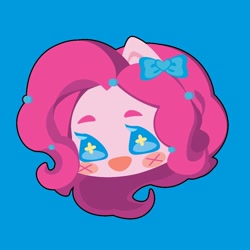 Size: 1000x1000 | Tagged: safe, artist:ushigow, part of a set, pinkie pie, human, equestria girls, g4, blue background, blush sticker, blushing, bow, bust, chibi, eared humanization, hair bow, head only, humanized, simple background, solo