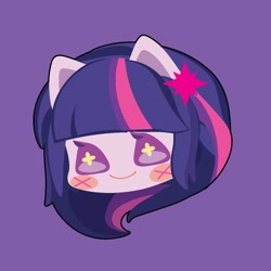 Size: 1000x1000 | Tagged: safe, artist:ushigow, part of a set, twilight sparkle, human, equestria girls, g4, blush sticker, blushing, bust, chibi, cutie mark accessory, cutie mark hair accessory, eared humanization, hair accessory, head only, humanized, purple background, simple background, solo