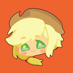 Size: 1000x1000 | Tagged: safe, artist:ushigow, part of a set, applejack, human, equestria girls, g4, blush sticker, blushing, bust, chibi, hat, head only, humanized, orange background, simple background, solo