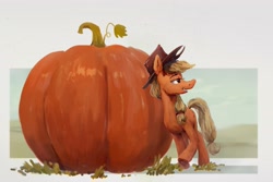 Size: 3335x2232 | Tagged: safe, artist:horsewizardart, artist:inkhooves, applejack, earth pony, pony, g4, anatomically incorrect, female, giant food, grin, high res, incorrect leg anatomy, lidded eyes, mare, pumpkin, smiling, solo