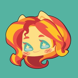 Size: 1000x1000 | Tagged: safe, artist:ushigow, part of a set, sunset shimmer, human, equestria girls, g4, blush sticker, blushing, bust, chibi, eared humanization, green background, head only, humanized, simple background, solo