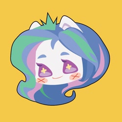 Size: 1000x1000 | Tagged: safe, artist:ushigow, part of a set, princess celestia, human, equestria girls, g4, blush sticker, blushing, bust, chibi, eared humanization, head only, humanized, simple background, solo, yellow background