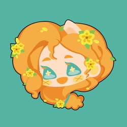 Size: 1000x1000 | Tagged: safe, artist:ushigow, part of a set, pear butter, human, equestria girls, g4, blush sticker, blushing, bust, chibi, eared humanization, flower, flower in hair, green background, head only, humanized, simple background, solo