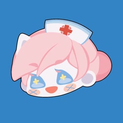 Size: 1000x1000 | Tagged: safe, artist:ushigow, part of a set, nurse redheart, human, equestria girls, g4, blue background, blush sticker, blushing, bust, chibi, eared humanization, four ears, hat, head only, humanized, nurse hat, simple background, solo