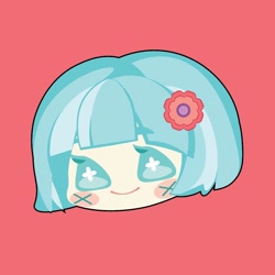 Size: 1000x1000 | Tagged: safe, artist:ushigow, part of a set, coco pommel, human, equestria girls, g4, blush sticker, blushing, bust, chibi, flower, flower in hair, head only, humanized, pink background, simple background, solo