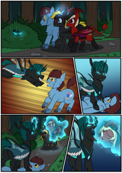 Size: 2200x3102 | Tagged: safe, artist:swiftsketchpone, oc, oc:eco stigma, oc:scarlet sound, oc:shade demonshy, oc:swift sketch, bat pony, changeling, wolf, butt, chest fluff, comic, female, high res, imminent vore, levitation, magic, male, mare, plot, telekinesis