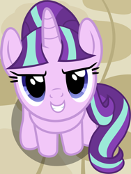 Size: 1476x1963 | Tagged: safe, artist:badumsquish-edits, artist:jaye, derpibooru exclusive, part of a set, starlight glimmer, pony, unicorn, g4, badumsquish's kitties, cute, evil grin, female, glimmerbetes, grin, happy, looking at you, looking up, looking up at you, mare, our town, s5 starlight, sitting, smiling, smiling at you, solo, weapons-grade cute