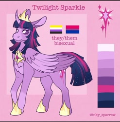 Size: 719x727 | Tagged: safe, artist:inky_sparrow, twilight sparkle, alicorn, pony, g4, alternate design, bisexual pride flag, bisexuality, color palette, crown, cutie mark, digital art, headcanon, hoof shoes, horn, jewelry, name, nonbinary pride flag, peytral, pride, pride flag, pronouns, reference sheet, regalia, sexuality headcanon, signature, solo, starry tail, tail, twilight sparkle (alicorn)