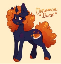 Size: 703x746 | Tagged: safe, artist:inky_sparrow, oc, oc only, oc:cinnamon burst, pony, cinnamon, cutie mark, digital art, fluffy hair, food, pie, reference sheet, solo