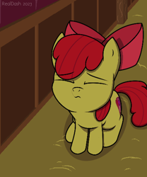 Size: 834x1004 | Tagged: safe, alternate version, artist:realdash, apple bloom, earth pony, pony, g4, adorabloom, apple bloom's bow, barn, bow, cute, eye clipping through hair, eyes closed, female, filly, foal, hair bow, hay, sitting, sleeping, solo, the cmc's cutie marks