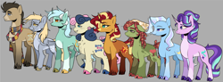 Size: 3671x1351 | Tagged: safe, artist:zowwyroo, bon bon, derpy hooves, doctor whooves, lyra heartstrings, starlight glimmer, sunset shimmer, sweetie drops, time turner, tree hugger, trixie, earth pony, pegasus, pony, unicorn, g4, chest fluff, clothes, cloven hooves, curved horn, ear piercing, earring, fourth doctor's scarf, glasses, gray background, horn, jewelry, piercing, scarf, simple background, striped scarf, unshorn fetlocks