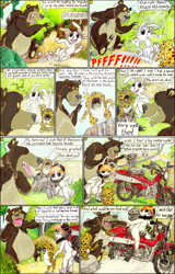 Size: 1990x3108 | Tagged: safe, artist:meiyeezhu, angel bunny, harry, bear, bufogren, rabbit, g4, angry, animal, bush, chase, comic, crown, everfree forest, forest, helmet, jewelry, magic, motorcycle, motorcycle helmet, motorcycle outfit, outdoors, parody, pointing, regalia, riding, surprised, talking