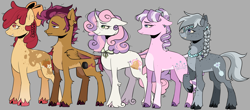 Size: 2348x1030 | Tagged: safe, artist:zowwyroo, apple bloom, diamond tiara, scootaloo, silver spoon, sweetie belle, earth pony, pegasus, pony, unicorn, g4, alternate cutie mark, bow, braid, cloven hooves, cutie mark crusaders, ear piercing, earring, glasses, gray background, hair bow, jewelry, male, necklace, nose piercing, nose ring, piercing, simple background, trans male, transgender, unshorn fetlocks