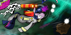 Size: 4610x2259 | Tagged: dead source, safe, artist:hereticofdune, edit, twilight sparkle, pony, unicorn, g4, cropped, jetpack, magic, net, rock, space, space helmet, spacesuit, stars, telekinesis, unicorn twilight