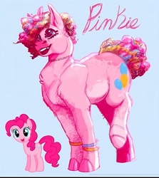Size: 1348x1510 | Tagged: safe, artist:inky_sparrow, pinkie pie, earth pony, pony, g4, blue background, jewelry, name, necklace, older, older pinkie pie, redesign, simple background, solo
