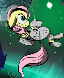 Size: 1584x1921 | Tagged: dead source, safe, artist:hereticofdune, edit, fluttershy, pegasus, pony, g4, cropped, space, space helmet, spacesuit, stars